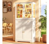 Wumagin Meuble Cuisine Éclairage LED RGB 7 Couleurs Dynamiques Télécommande, Buffet Haut Étagères Réglables Poignées Métal, Vitrine 6 Niveaux Rangement, Salon Salle à Manger, 40x80x180cm, Blanc