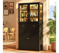 Wumagin Meuble Cuisine Éclairage LED RGB 7 Couleurs Dynamiques Télécommande, Buffet Haut Étagères Réglables Poignées Métal, Vitrine 6 Niveaux Rangement, Salon Salle à Manger, 40x80x180cm, Noir