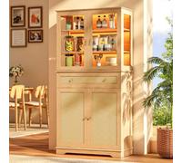 Wumagin Meuble Cuisine Éclairage LED RGB 7 Couleurs Dynamiques Télécommande, Buffet Haut Étagères Réglables Poignées Métal Rotin, Vitrine 6 Niveaux, Salon Salle à Manger, 40x80x180cm, Chêne Naturel