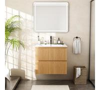 Wumagin Meuble Salle de Bain avec Vasque 60 cm, Meuble sous Vasque Suspendu avec 2 Tiroirs, Lavabo Céramique, Façade à Rainures Modernes, Aspect Chêne Naturel, pour WC Invités
