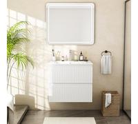 Wumagin Meuble Salle de Bain avec Vasque 60 cm, Meuble sous Vasque Suspendu avec 2 Tiroirs, Lavabo Céramique, Façade à Rainures Modernes pour WC Invités et Petites Salles d'eau, Blanc