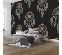 WunM Studio 3D Papier Peint Attrape-rêves Plumes dorées de luxe ethniques Turquoise Papier Peint Panoramique Pour Salon Chambre Chambre D'Enfant Décoration Murale,