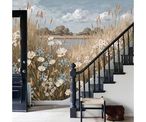 WunM Studio 3D Papier Peint Fleurs sauvages dans les champs, champs de blé doré Lacs et arbres bleu foncé Papier Peint Panoramique Pour Salon Chambre Chambre D'Enfant Décoration Murale,