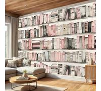 WunM Studio étagères de bibliothèque rétro peint intissé Des étagères mignonnes et amusantes 3D 350x256cm Papier Peint Photo Intissé XXL Décoration Murale Salon Chambre Tapisserie Murale rose