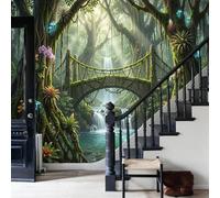 WunM Studio Forêt de brume peint intissé Royaume secret de la forêt de la cascade 3D 350x256cm Papier Peint Photo Intissé XXL Décoration Murale Salon Chambre Tapisserie Murale vert mousse