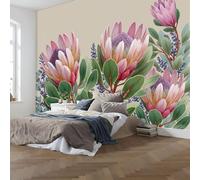 WunM Studio Fresque Murale Intissée Grandes fleurs de lotus Fleurs de luxe de style vintage rose Papier Peint Panoramique Décoration Salon Chambre Bureau 150x105cm Non Autocollant