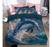 WunM Studio Housse de Couette Réversibles 200x200cm Parure de Lit 3 pièces Dauphin Literie 3D Impression Microfibre Texture de Peinture à l'huile vibrante Housse de Couette avec Fermeture éclair