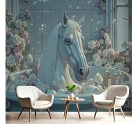 WunM Studio Papier Peint Intissé Fresque Murale Animaux de rêve et magnifiques Baignoire à motifs floraux et cheval blanc Décoration Murale Salon Chambre Grand Format 350x256cm Non Adhésif