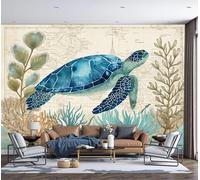 WunM Studio Papier Peint Intissé Fresque Murale Étoiles de mer et coquillages Thème de la Côte des Tortues Décoration Murale Salon Chambre Grand Format,bleu foncé,200x140cm Non Adhésif