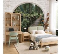 WunM Studio Papier Peint Intissé Fresque Murale forêt jungle Rochers du paysage naturel Décoration Murale Salon Chambre Grand Format,Vert sauge,300x210cm,Non Adhésif,Papier peint 3D Effet fenêtre