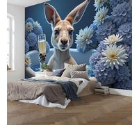 WunM Studio Papier Peint Intissé Fresque Murale Marguerites bleues et fleurs sauvages kangourou, un animal drôle Décoration Murale Salon Chambre Grand Format 350x256cm Non Adhésif