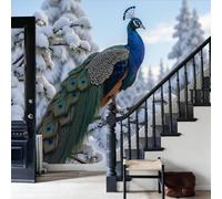 WunM Studio Papier Peint Intissé Fresque Murale Paon de luxe branches d'arbre enneigées Décoration Murale Salon Chambre Grand Format 250x175cm Non Adhésif