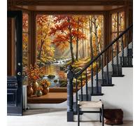 WunM Studio Papier Peint Intissé Fresque Murale paysage forestier Forêt vue par fenêtre 3D Décoration Murale Salon Chambre Grand Format,Couleur bois,150x105cm Non Adhésif