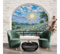 WunM Studio Papier Peint Intissé Fresque Murale style ferme de campagne Soleil Nuage Marguerite Décoration Murale Salon Chambre Grand Format,Blanc,200x140cm,Non Adhésif,Papier peint 3D Effet fenêtre