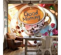WunM Studio Papier Peint Intissé Fresque Murale Tasse de café du matin grains de café et pétales de fleurs Décoration Murale Salon Chambre Grand Format,rose,350x256cm Non Adhésif