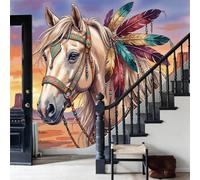 WunM Studio Papier Peint Mural 3D Abstrait Moderne, Non Adhésif Intissé XXL Décoration Murale pour Maison et Bureau,animaux de Bohême,Cheval indien coloré à plumes,200x140cm