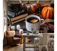 WunM Studio Papier Peint Mural 3D Design Hôtel Luxe, Non Adhésif Intissé Grande Décoration Murale pour Villa Restaurant,Thé noir barbe à papa aux feuilles d'automne,Paysages d'automne,300x210cm