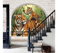 WunM Studio Papier Peint Mural 3D Effet Chambre Brique,Décoration Murale pour Salon, Intissé Premium Facile à Poser,Animaux de Bohême,vignes tigres,400x280cm,Papier peint panoramique effet fenêtre 3D