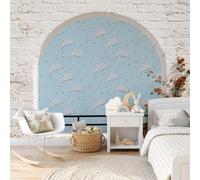 WunM Studio Papier peint panoramique moderne vie marine dauphins Mur en briques avec fenêtre Océan et algues Revêtement Murale décoration salon Chambre Coucher Maison Décoration Intérieure 250x175cm