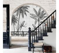 WunM Studio Papier peint panoramique nature Dessiner une jungle tropicale,Perroquets, paresseux murale intissée non adhésive,colle requise,300x210cm,décoration salon chambre
