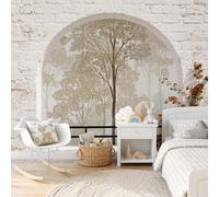 WunM Studio Papier Peint paysage forestier Wabi-sabi Panoramique 3D silhouette de branches et de feuilles d'arbre Papier Peint Mur en briques avec fenêtre Murale Salon Chambre à Coucher Intérieure,or