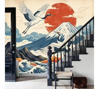 WunM Studio Paysages japonais peint intissé Le mont Fuji et les vagues 3D 300x210cm Papier Peint Photo Intissé XXL Décoration Murale Salon Chambre Tapisserie Murale Beige
