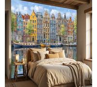 WunM Studio Tapisserie Murale Papier Peint Intissé 3D lacs urbains et paysages de montagne Reflets des bâtiments du canal Décoratif pour Salon Chambre Non Autocollant,bleu,150x105cm