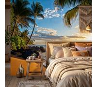 WunM Studio Tapisserie Murale Papier Peint Intissé 3D Magnifique paysage de plage Palmiers, cocotiers, plage Décoratif pour Salon Chambre Non Autocollant,or,300x210cm