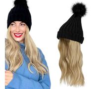 WUODHTW Bonnet d'hiver pour femme avec extensions de cheveux longs et ondulés - 35,6 cm - Perruque synthétique bouclée