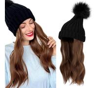 WUODHTW Bonnet d'hiver pour femme avec extensions de cheveux longs et ondulés - 35,6 cm - Perruque synthétique bouclée