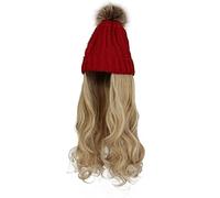 WUODHTW Bonnet d'hiver pour femme avec extensions de cheveux longs et ondulés - 35,6 cm - Perruque synthétique bouclée
