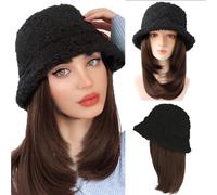 WUODHTW Chapeau de pêcheur d'hiver avec cheveux bouclés ondulés raides Cosplay perruque chapeau femme agneau bonnet seau avec perruque