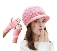 WUODHTW Women Winter Warm Knit Hat Wool Snow Ski Caps Slouchy Beanie Hats Winter Berets Skull Cap with Glove Visor Brim (Pink)