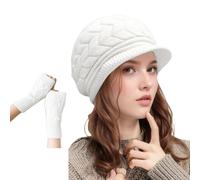 WUODHTW Women Winter Warm Knit Hat Wool Snow Ski Caps Slouchy Beanie Hats Winter Berets Skull Cap with Glove Visor Brim (White)