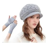WUODHTW Women Winter Warm Knit Hat Wool Snow Ski Caps Slouchy Beanie Hats Winter Berets Skull Cap with Glove Visor Brim (Grey)
