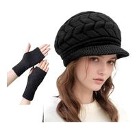 WUODHTW Women Winter Warm Knit Hat Wool Snow Ski Caps Slouchy Beanie Hats Winter Berets Skull Cap with Glove Visor Brim (Black)