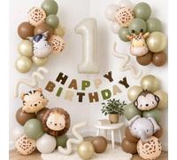 Wuokkig Ballons Safari, Décoration Anniversaire 1 An, Kit 53 Pièces | Kit 53 pièces avec ballon chiffre 1 de 32 pouces, animaux safari, ballons latex et bannière Joyeux Anniversaire