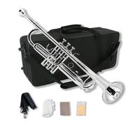 WUQIMUSC Ensemble de trompette en si bémol standard pour débutants, étudiants, trompette en laiton, si bémol avec embouchure 7C, chiffon de nettoyage, gants et étui de transport rigide (argent)