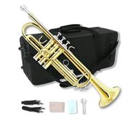 WUQIMUSC Ensemble de trompette en si bémol standard pour débutants, étudiants, trompette en laiton, si bémol avec embouchure 7C, chiffon de nettoyage, gants et étui de transport rigide (doré)