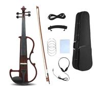 WUQIMUSC Violon électrique 4/4 de taille normale, silencieux, corps en bois massif, fixations en ébène avec étui, archet, casque, câble, cordes pour étudiants, débutants et adultes (rouge vin)