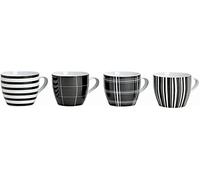 Wurm KG Lot de 4 tasses à café modernes en porcelaine - 10 cm de haut - Ø 8 cm - 300 ml - Grande tasse de café en noir/blanc à rayures et à carreaux