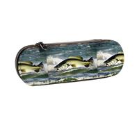 WURTON Bass Fishing Wave Print Vintage Leather Pencil Pouch - Chic Compact Leather Pencil Case Pouch Pencil Pouch