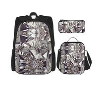 WURTON Ensemble 3 en 1 à paillettes abstraites avec motif diamant et strass - Style décontracté - Réglable - Sac à dos - Sac à déjeuner - Trousse à crayons, noir, One Size