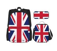 WURTON Ensemble 3 en 1 avec motif drapeau britannique - Sac à dos à bandoulière réglable - Sac à déjeuner - Trousse à crayons, noir, One Size