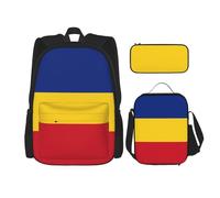 WURTON Ensemble 3 en 1 avec motif drapeau de la Roumanie, sac à dos, sac à déjeuner, trousse à crayons, noir, One Size