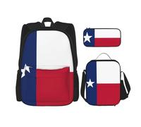 WURTON Ensemble 3 en 1 avec motif drapeau du Texas - Sac à dos décontracté réglable - Sac à déjeuner - Trousse à crayons, noir, One Size