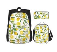 WURTON Ensemble 3 en 1 imprimé citrons tropicaux frais, sac à dos, sac à déjeuner, trousse à crayons, noir, One Size