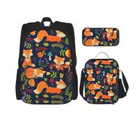 WURTON Ensemble de sacs à livres 3 en 1 avec imprimé animal mignon renard fleur sac à dos bandoulière réglable sac à déjeuner trousse à crayons, noir, One Size