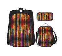 WURTON Ensemble sac à dos à bandoulière réglable avec imprimé en bois peint coloré, sac à déjeuner, trousse à crayons, sacs combinés