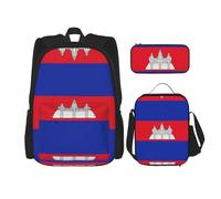 WURTON Ensemble sac à dos d'école imprimé drapeau du Cambodge avec sac à déjeuner et trousse à crayons